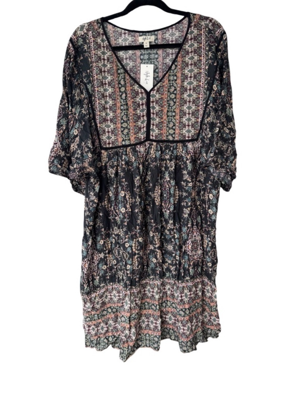 Style & Co. Black Floral Print V-Neck Tiered Mini Dress